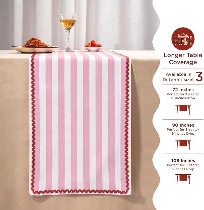 Folkulture Fall Table Runner 72 Inches Long | Pink & White Vertical Striped | - Image 2