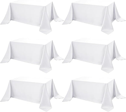 6-Pack White Tablecloths for Rectangle Tables, 90 x 156 Inches, Stain-Resistant Polyester Fabric for 8 Foot Tables - Washable Table Covers for Weddings, Banquets, Birthday Parties, Events