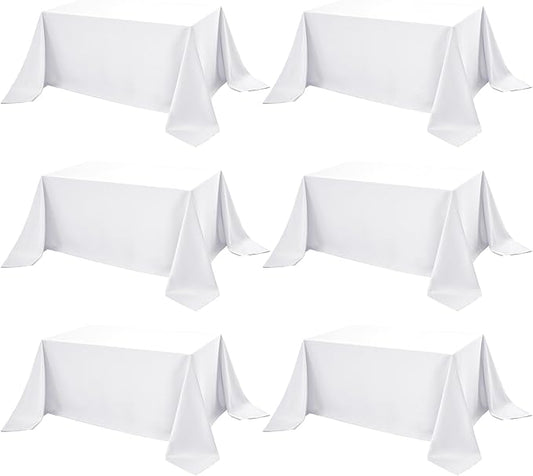 6-Pack White Tablecloths for Rectangle Tables, 90 x 156 Inches, Stain-Resistant Polyester Fabric for 8 Foot Tables - Washable Table Covers for Weddings, Banquets, Birthday Parties, Events