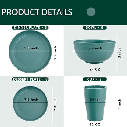 Supernal 32pcs Wheat Straw Dinnerware Sets,Dinnerware Sets for 8,Unbreakable Dinnerware,Reusable Tableware,Dark Green Set 16pcs Plates, 8pcs Bowls, 8pcs Cups,Microwave Dishwasher Safe