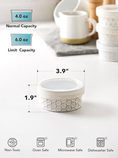 LE TAUCI Ramekins Oven Safe with Lids, 4 oz Charcuterie Boards Bowls Set for Creme brulee, Souffle, Dipping Sauces, Ceramic Food Storage Containers - 3.8 inch, Set of 4, Arctic White
