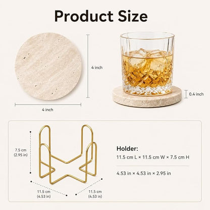 Travertine Coasters with Gold Holder, Cork Backing | Real travertine coasters - Image 4