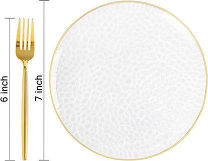 DaYammi 240Pcs Gold Plastic Plates Including 120Pcs Dessert Plates and 120Pcs Cake Forks,Hammered Party Plate,Clear Gold Appetizer plates Heavy duty Disposable Plastic Plate for Party Wedding Birthday