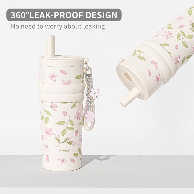 18.5 oz Thermo Cup with Straw, Floral Embossed Designed Car Cup, Vacuum - Image 4