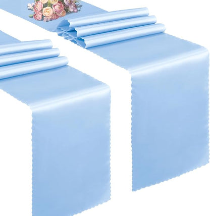 VACVELT Light Blue Satin Table Runners, 12x72 Inch, 2 Pack, Scalloped Edge | by VACVELT