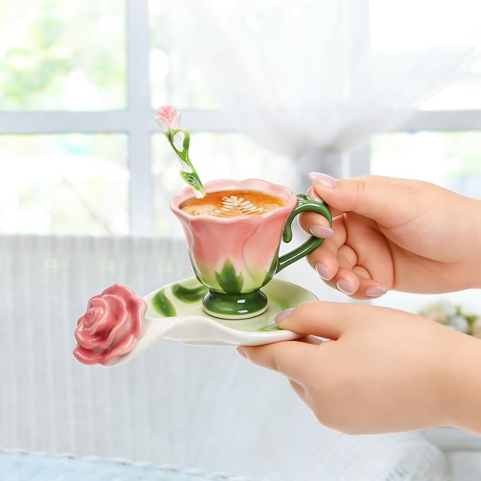 Cididu Pink Tea Cups with Saucer and Spoon, 4.5 Oz Small Ceramic Rose Flower - Image 8