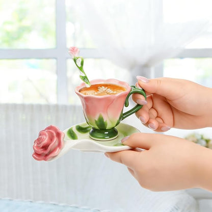 Cididu Pink Tea Cups with Saucer and Spoon, 4.5 Oz Small Ceramic Rose Flower - Image 8