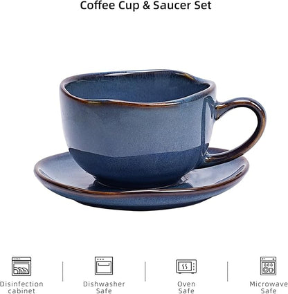 Organic Shape Highland Ceramic Coffee Cup and Saucer, 6pcs 8oz Handmade Reactive Glaze Saucer Sets with Wavy Edge, for Kitchen, Microwave & Dishwasher Safe, Scratch Resistant-Blue