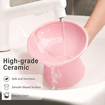 Extra Wide Elevated Ceramic Cat Water Bowl - 6.2" Deeper Dish for Whisker Fatigue Relief, 5" Height for Easy Feeding, Lead & Cadmium Free, Durable Raised Cat Bowls, Pink