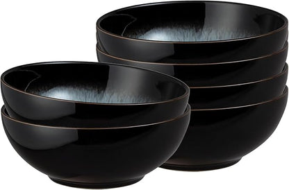Denby - Halo Coupe Cereal Bowls Set of 6-27 Ounce Reactive Glaze, Dishwasher Microwave Safe - Scratch Chip Resistant - Grey, Black Ceramic Stoneware Soup Bowls Tableware
