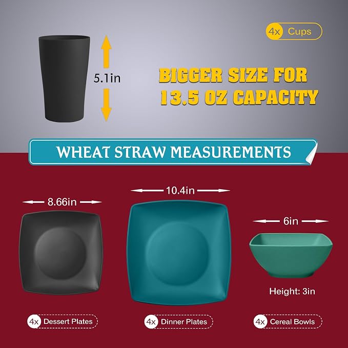 Teivio 16-piece Plastic Wheat Straw Square Dinnerware Set - Image 2