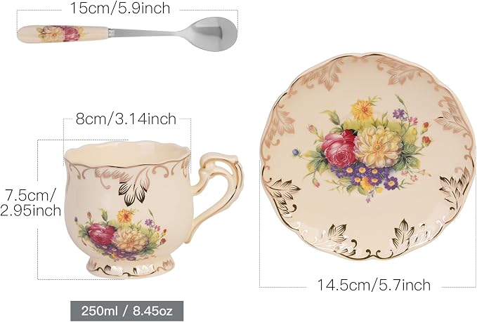 YOLIFE Tea Cup and Saucer Set, 8 OZ Flowering Shrubs Tea Cup Set | Ivory - Image 3