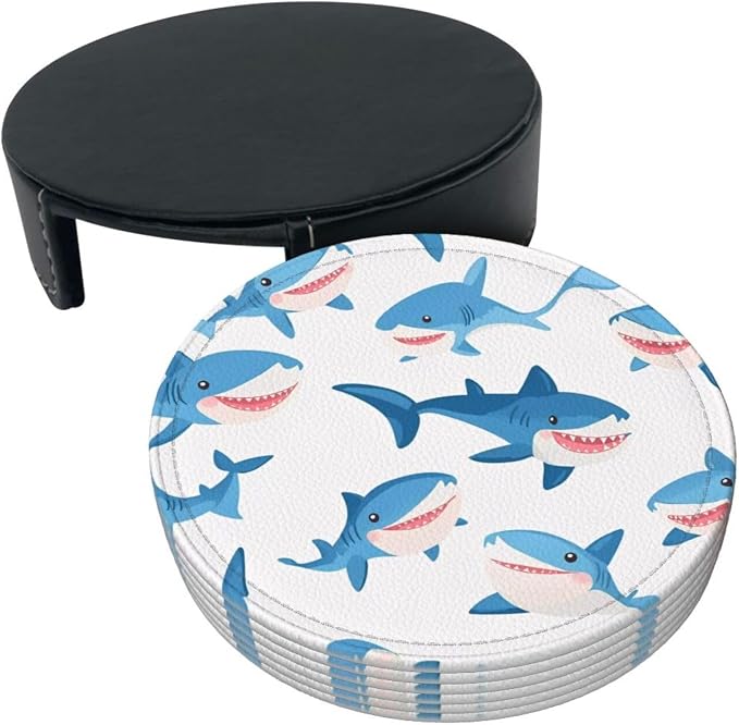Cartoon Blue Sharks Leather Coasters Set of 6 - Image 8