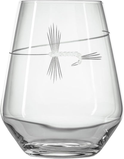 Rolf Glass | Fly Fishing Stemless Wine Tumbler 18 ounce | Stemless Wine Glasses | Set of 4 | Lead-Free Glass | Engraved Tumbler Glasses | Made in the US