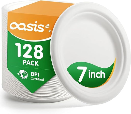 7 Inch 128 Pack Compostable Disposable Paper Plates, Heavy Duty Sugarcane Bagasse Plates, Biodegradable Eco-Friendly for Snacks & Parties, Unbleached White
