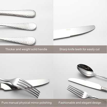 20-Piece Forged Hammered Stainless Steel Flatware Cutlery Set for 4, SXY INOX Shape of Water Drop Includes Dinner Knives/Forks/Spoons,Tea Spoons, Salad Forks, Mirror Polished - Dishwasher Safe
