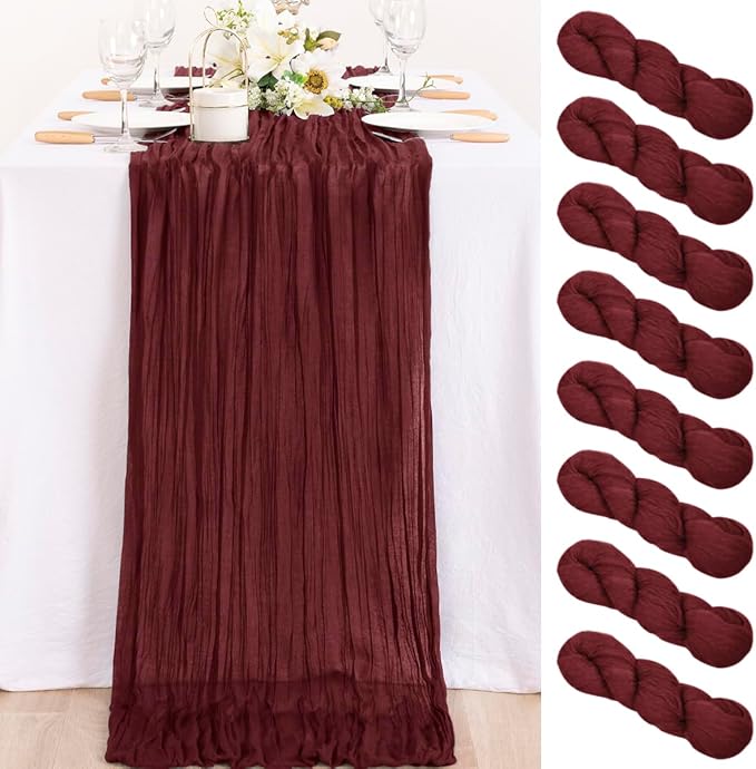 8 Pack Burgundy Cheesecloth Table Runner 10ft Sheer Gauze Events Decor | by MLMC