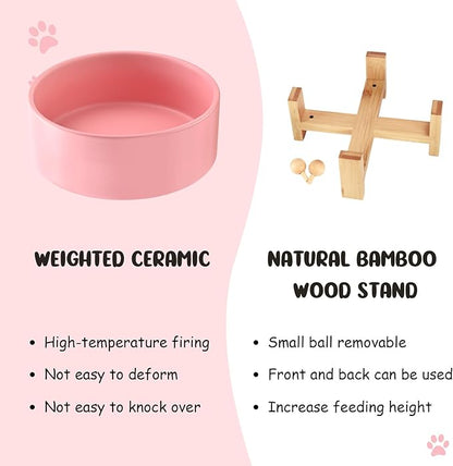 SPUNKYJUNKY 15° Slanted Ceramic Dog and Cat Bowl with Wooden Stand, Tilted Bulldog Food and Water Bowl No Slip Non-Spill for Cats Medium Dogs Big Face Pets 28.7 OZ (3.6 Cups,Pink)