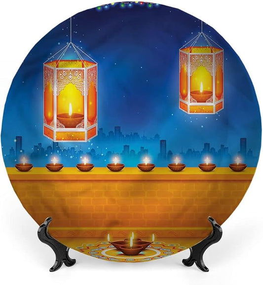 Ceramic Display Plate, Diwali Ceramic Hanging Decorative Plate, Diwali Night Candles, 6 Inch, Household Custom Ceramic Plate, Multicolor