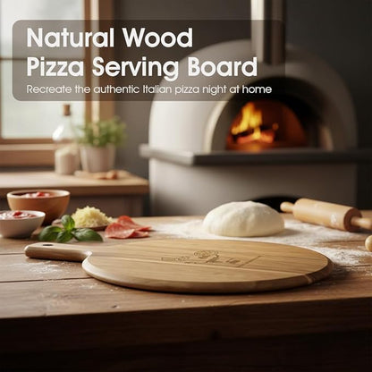 12" Acacia Wood Charcuterie & Pizza Serving Board Set with Pizza Cutter, Rustic Wooden Board for Cheese, Appetizers & Entertaining, Thoughtful Housewarming Gift