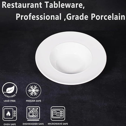 Soup Bowl Soup Plates with Rim 12 oz, Pasta Bowl Set of 4, White Shallow Bowl Plate, Ceramic Wide Rimmed Soup Bowl, Best choice for high-end restaurants, hotels, and foodies, 9 Inch