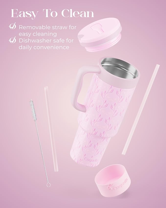 40 oz Insulated Tumbler with Handle and Push-Button Straw Lid, Stainless Steel - Image 6