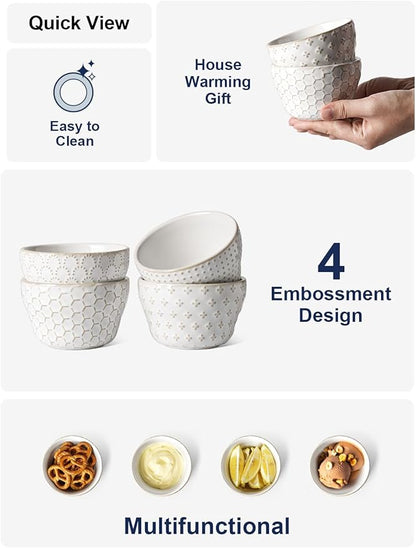 LE TAUCI Small Bowls 8 oz, Dessert Bowl, Ice Cream Bowl for Chili Dipping Sauce Coffee Bouillon, Ceramic Soup Cups - 4 inch, Set of 4, Arctic White