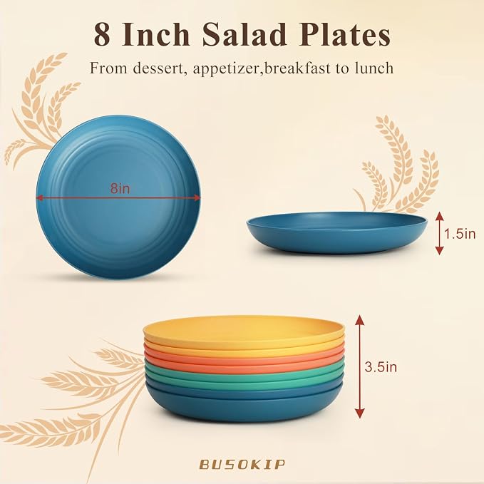Wheat Straw Plate 8 Inch, Unbreakable Dinner Plates Set of 8, Microwave & - Image 2
