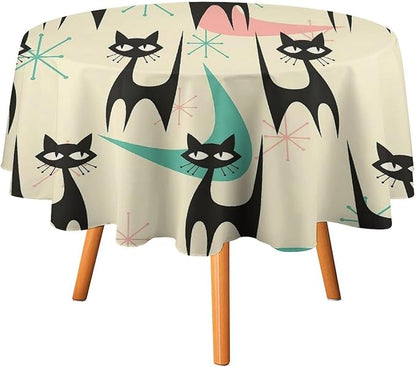 Mid Century Colorful Modern Cat Round Tablecloth, Medieval Bohemian Abstract Animal Tablecloth for Home Party Dining Room Kitchen Decor 36Inch(90cm)