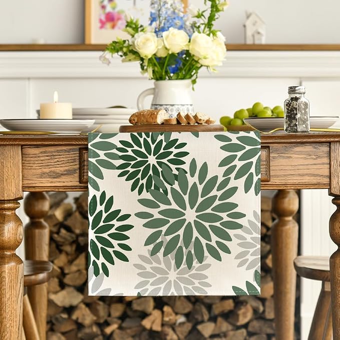 Artoid Mode Dark Green Dahlia Floral Pinnata Spring Table Runner, Seasonal - Image 2