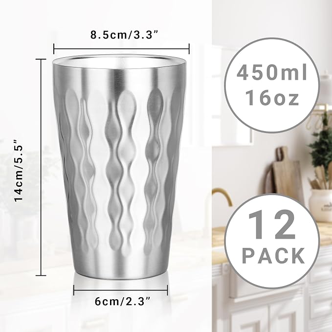 Stainless Steel Double Wall Cups, 16 oz Insulated Tumbler, 12 Pack Unbreakable - Image 2