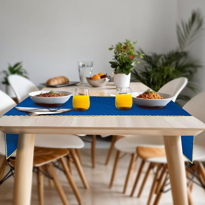 Folkulture Fall Table Runner 90 Inches Long | Blue & Yellow Rick Rack | Table - Image 2
