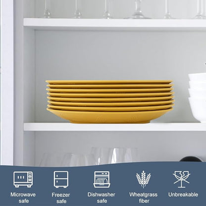Homienly Flat Dinner Plates Set of 8, Alternative to Plastic, Microwave & Dishwasher Safe, Wheat Straw, Unbreakable Kids Plates (Yellow, 10 inch)