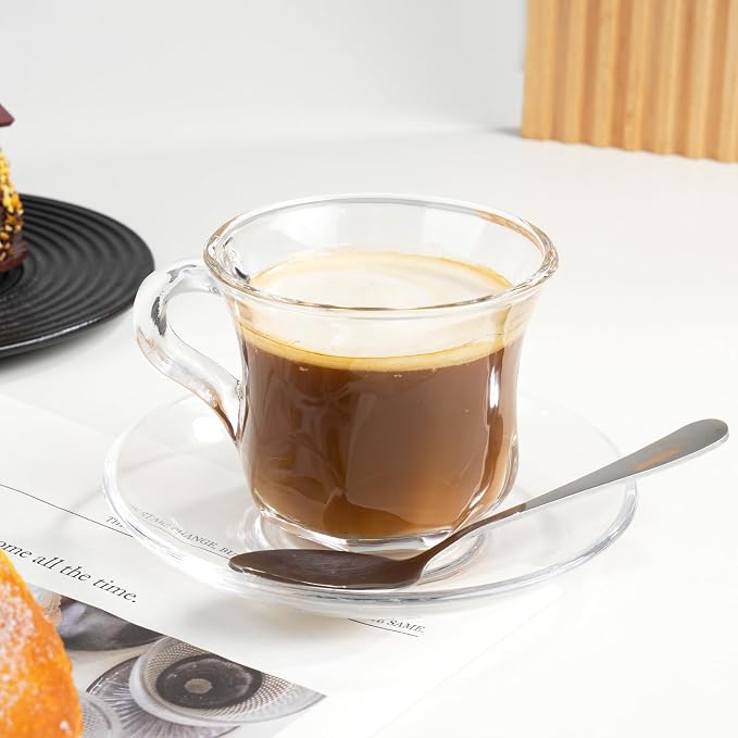 Glass Tea Cups and Saucers Set of 6, Dishwasher & Microwave Safe Teacups - Image 5