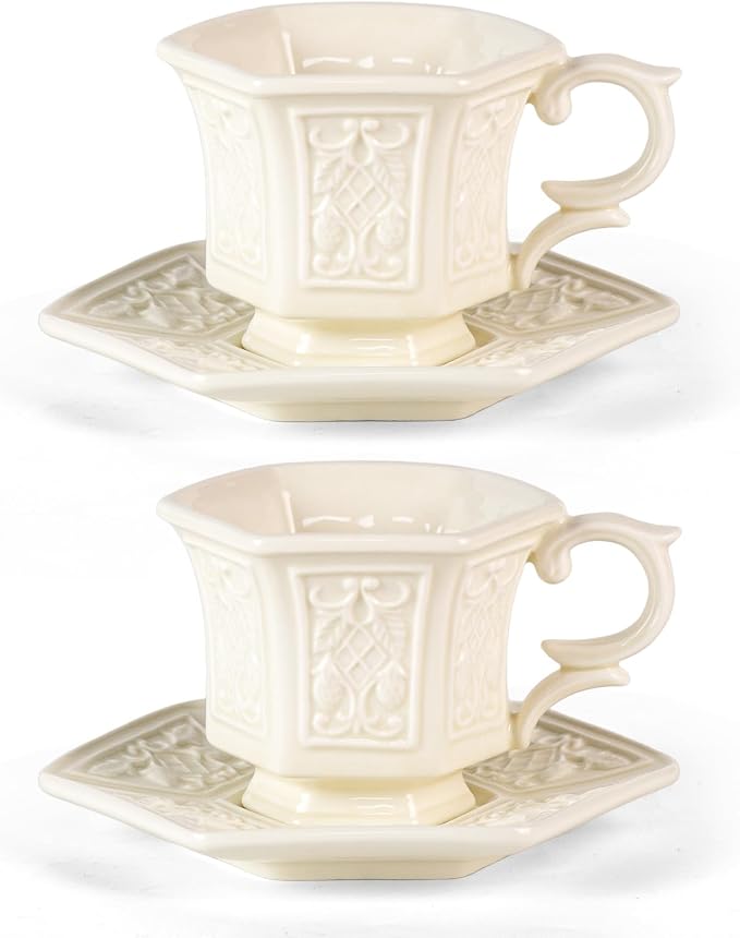 KAMMAK Tea Cups and Saucers Set of 2, 6 oz Porcelain Coffee Cups, SY003 | by KAMMAK