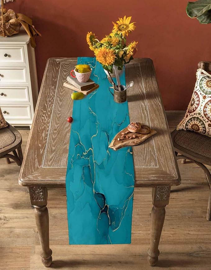 Teal Marble Table Runners 108 Inches Long, Turquoise Marble Crack Table Runner - Image 4