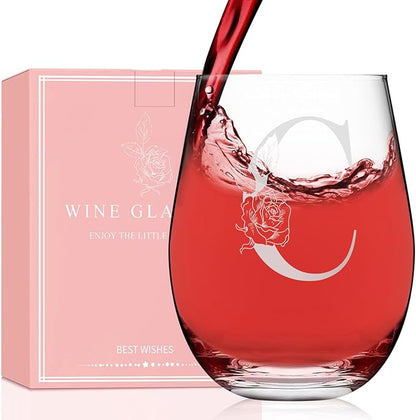 Valentines Day Gifts for Her, Gifts for Women Her Friend Mom Grandma Wife Sister Bridesmaid Nurse, Birthday Galentines Mothers Day Christmas, Personalized Initial Customized Wine Glasses 18OZ(C)