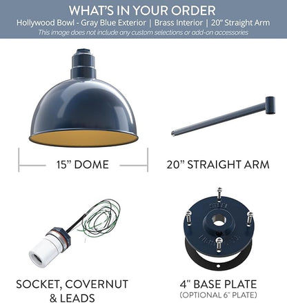 Steel Lighting Co. Hollywood Bowl Light | Outdoor Wall Mounted | 15 inch Bowl Dome | 20" Straight Arm | Barn Light Made in America | Gray Blue Exterior/Brass Interior
