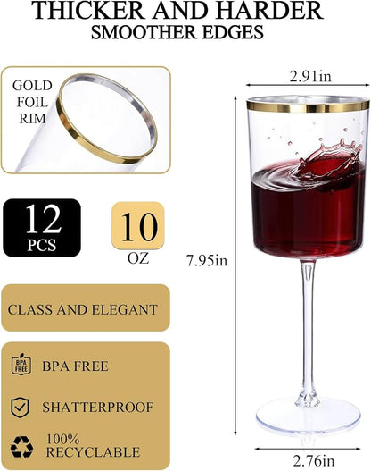 Ciaell 12 Pack Plastic Wine Glasses - 10 Oz Plastic Wine Glasses - Gold Rim - Image 2