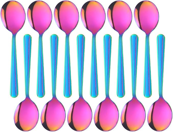 Bouillon Spoons Set of 12, 5.9 Inch Stainless Steel Soup Spoon, Metal Round by KitchenDining