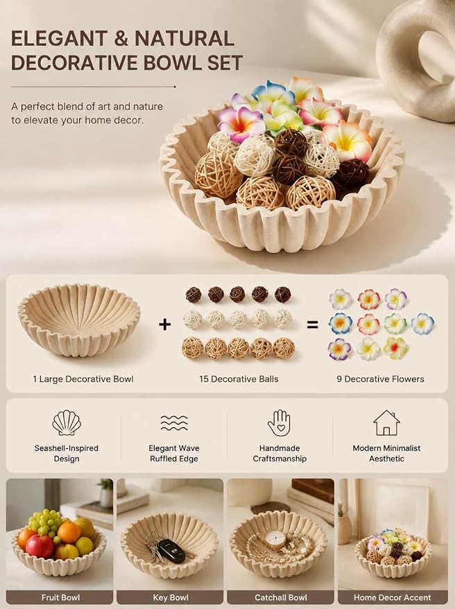 Ruffle Decor Large Decorative Bowl, fruit bowl kitchen stone bowl, bowl decor - Image 4