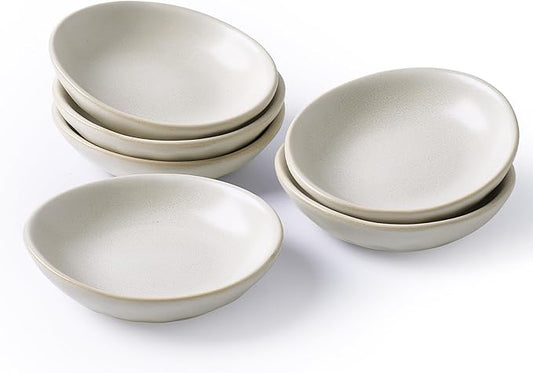 famiware Ocean Soy Sauce Dishes of 6, Oval Dipping Sauce Cups/Bowls for Kitchen, 2.1oz Ceramic Small Bowls for Side Dish, Appetizers, Snacks, and Sushi, Reactive Glaze, Dishwasher Safe, Matte White