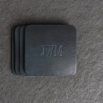 Ox & Pine Personalized Leather Coaster - Sold Individually or in Sets of 4 - Customize Inscription - 100% Full-Grain Leather – 4" Round or 4" Square (Square, Deep Ocean, Set of 4 Coasters)