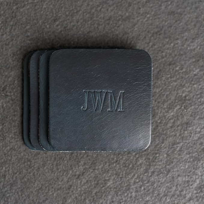 Ox & Pine Personalized Leather Coaster - Sold Individually or in Sets of 4 - Customize Inscription - 100% Full-Grain Leather – 4" Round or 4" Square (Square, Harvest, Set of 4 Coasters)