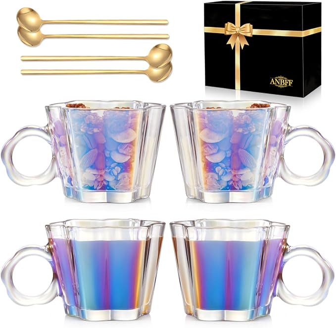 11oz Iridescent Floral Glass Coffee Mugs Set of 4 by ANBFF