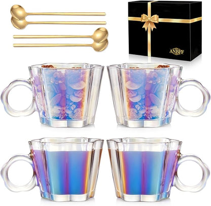 11oz Iridescent Floral Glass Coffee Mugs Set of 4 by ANBFF