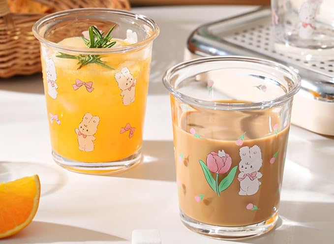 2 Pack 12 OZ Cute Floral Glass Cup Rabbit Drinking Glasses | Thick Sturdy - Image 2