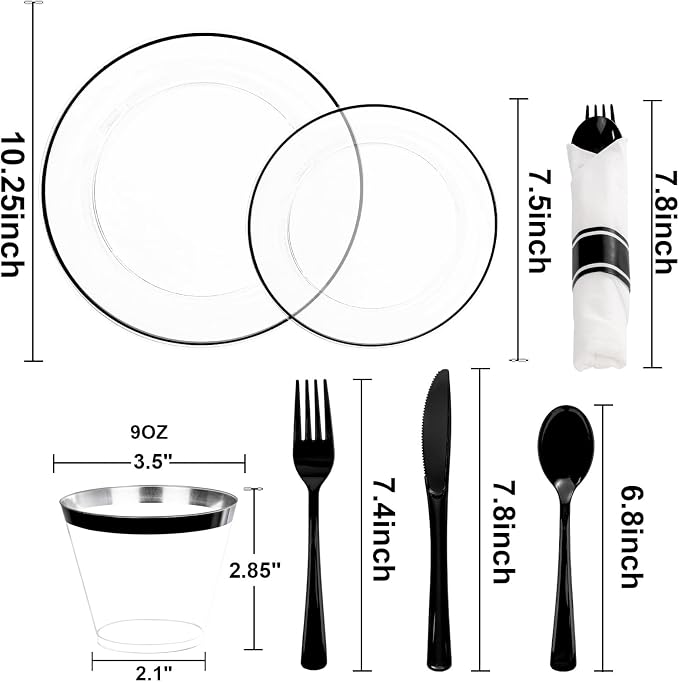 SUT 175 Pcs Black and Clear Plastic Dinnerware Set - Image 2