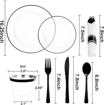 SUT 175 Pcs Black and Clear Plastic Dinnerware Set - Image 2