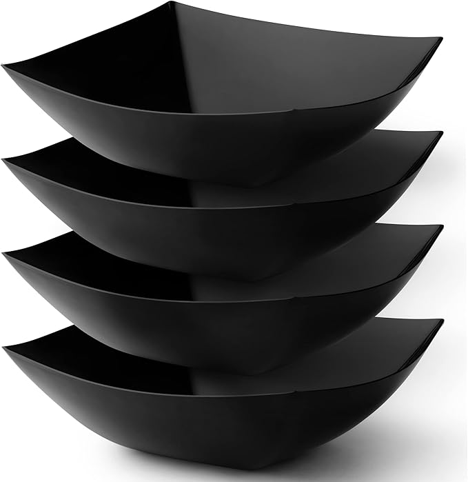 Posh Setting - Black Plastic Serving Bowls for Party (64oz - 4 Pack) Square, Disposable & Fruit Bowls for Party Table, Candy Containers for Candy Buffet